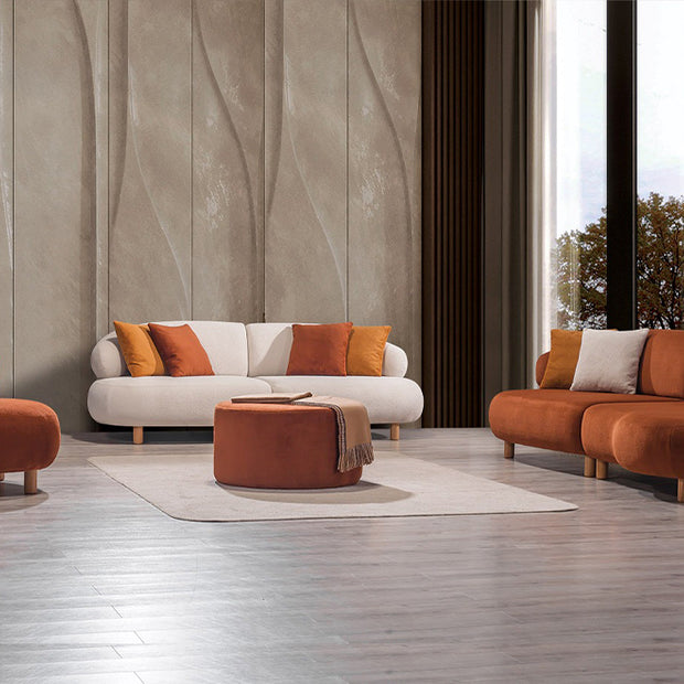 Perla Turuncu ve Bej Koltuk Takımı, Yuvarlak Hatlı Modern Tasarım, Ahşap Ayaklı Puf ve Tekli Koltuk