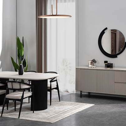 Petra yemek odası takımı modern krem  ve siyah renk yemek odası dekorasyonu