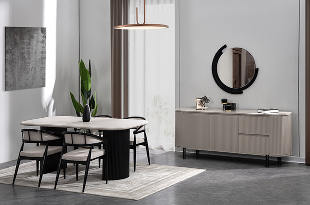 Petra yemek odası takımı modern krem  ve siyah renk yemek odası dekorasyonu