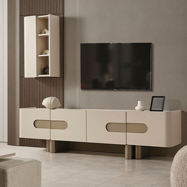 Modern bej Pier TV ünitesi oval detaylı tasarım
