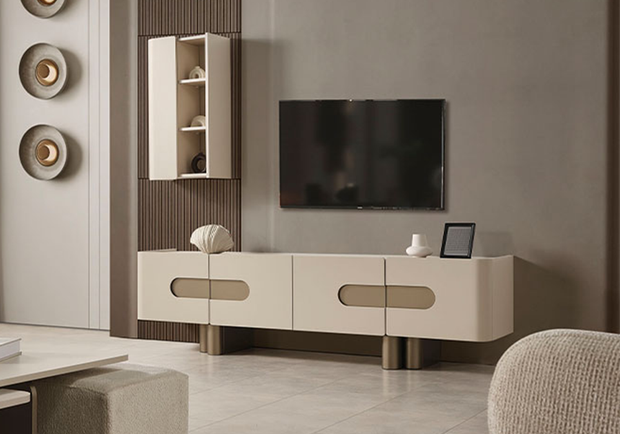 Modern bej Pier TV ünitesi oval detaylı tasarım