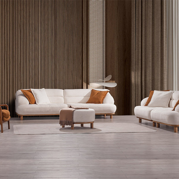 Quatro Beyaz Tedy Kumaşlı Koltuk Takımı, Ahşap İskeletli Modern Tekli ve Üçlü Koltuk