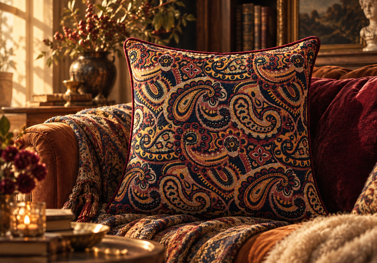 Ravena bordo kadife fitilli buta desenli dekoratif kırlent kılıfı