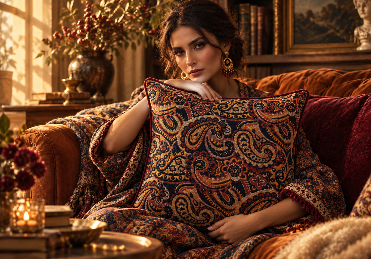 Ravena bordo kadife fitilli buta desenli dekoratif kırlent kılıfı