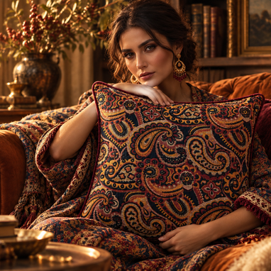 Ravena bordo kadife fitilli buta desenli dekoratif kırlent kılıfı