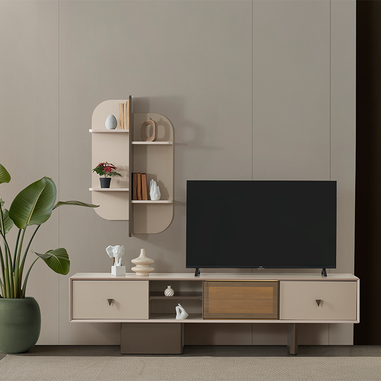 Riva TV ünitesi krem ve vizon detaylı modern salon dekorasyonu