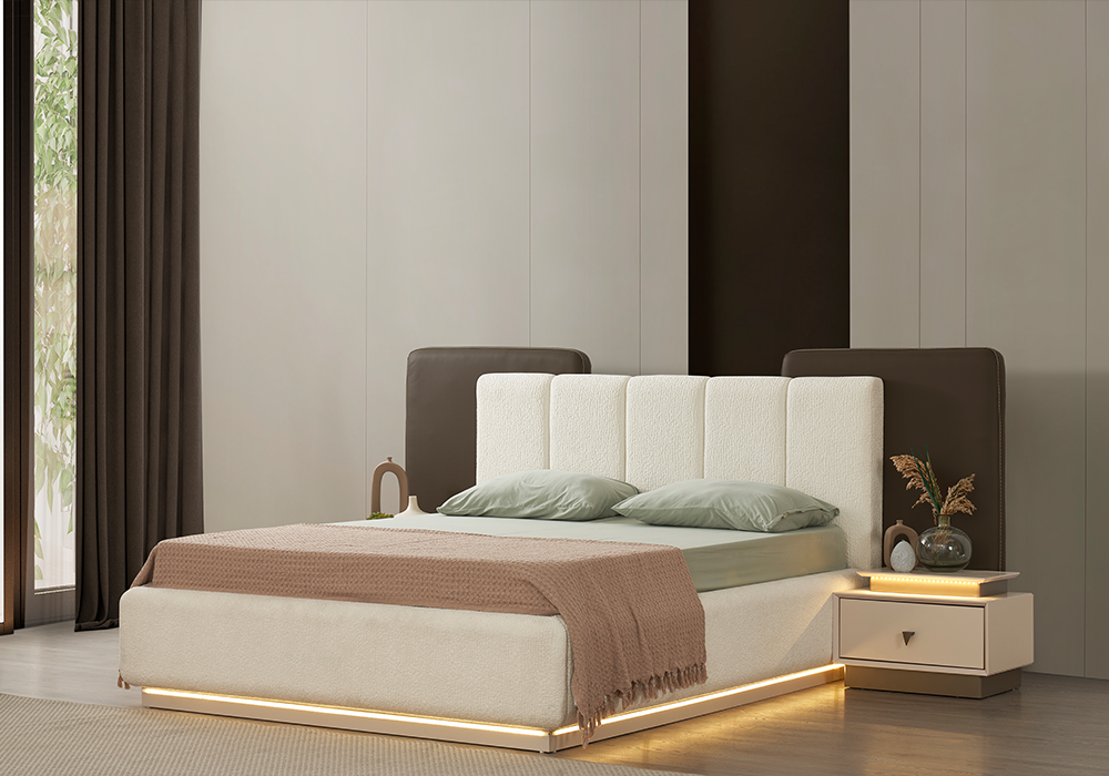 Riva yatak odası takımı krem LED aydınlatmalı karyola
