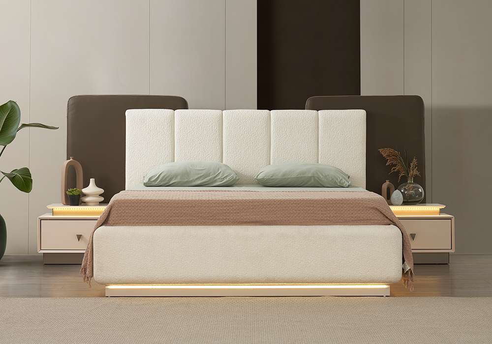 Riva yatak odası takımı krem LED aydınlatmalı karyola