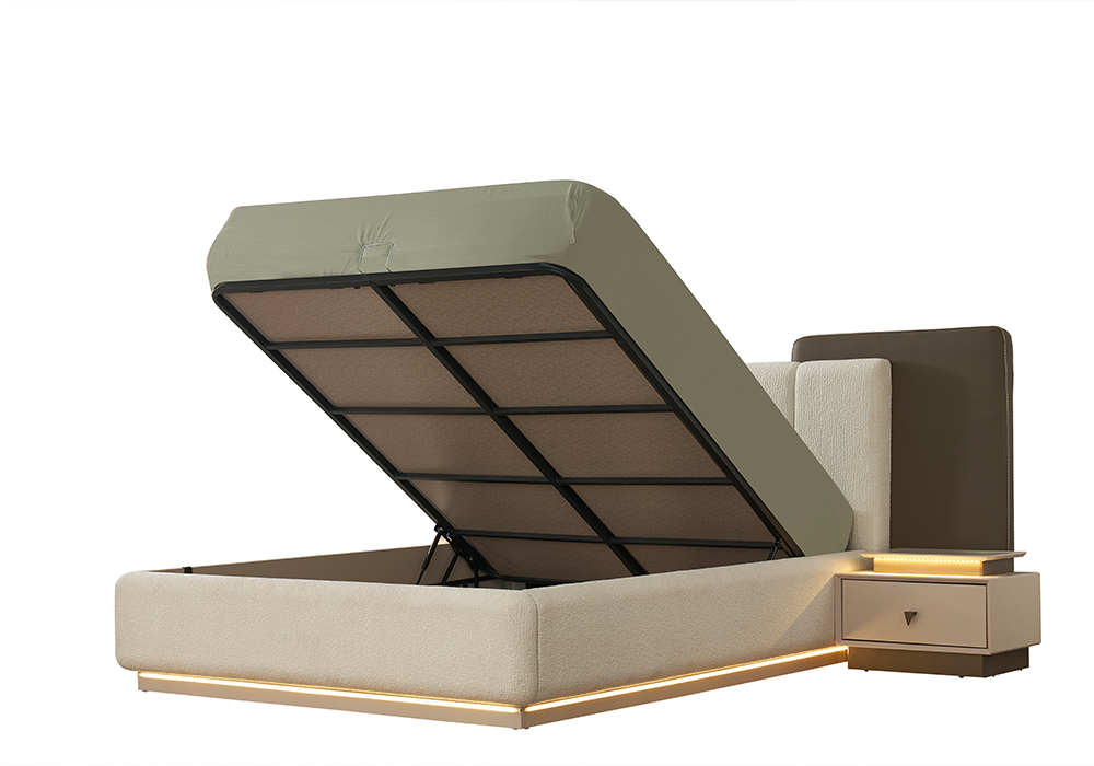 Riva yatak odası takımı krem LED aydınlatmalı bazalı karyola