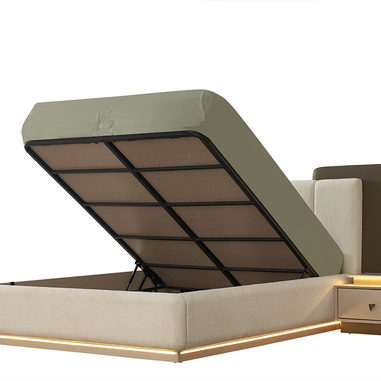 Riva yatak odası takımı krem LED aydınlatmalı bazalı karyola