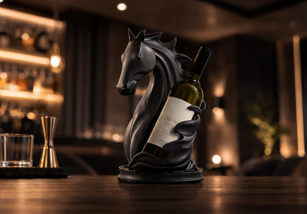 Modern ev dekorasyonunda siyah at tasarımlı şaraplık obje