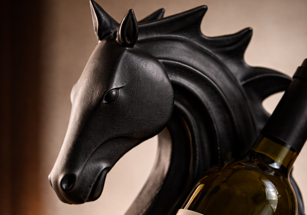 Modern ev dekorasyonunda siyah at tasarımlı şaraplık obje