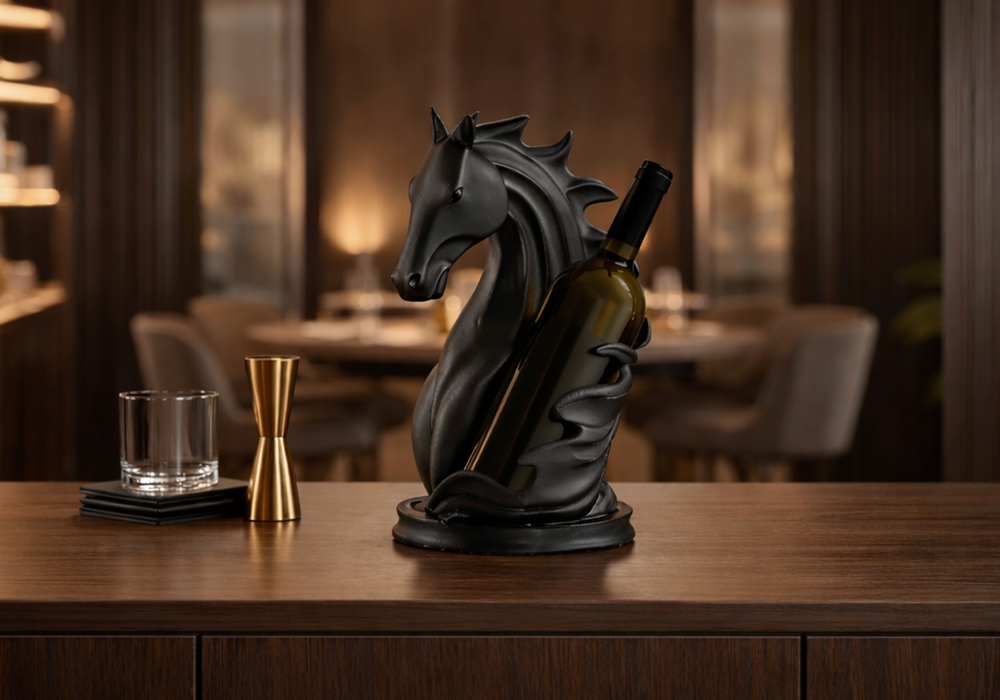 Modern ev dekorasyonunda siyah at tasarımlı şaraplık obje