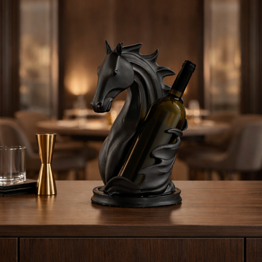 Modern ev dekorasyonunda siyah at tasarımlı şaraplık obje