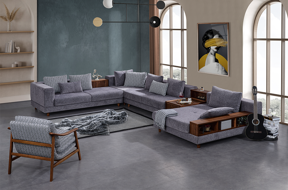 Sarya Gri Köşe Koltuk Takımı, Ahşap Sehpalı ve Raflı, Modern ve Fonksiyonel Tasarım