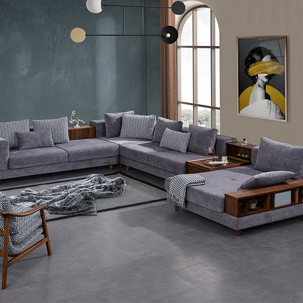 Sarya Gri Köşe Koltuk Takımı, Ahşap Sehpalı ve Raflı, Modern ve Fonksiyonel Tasarım