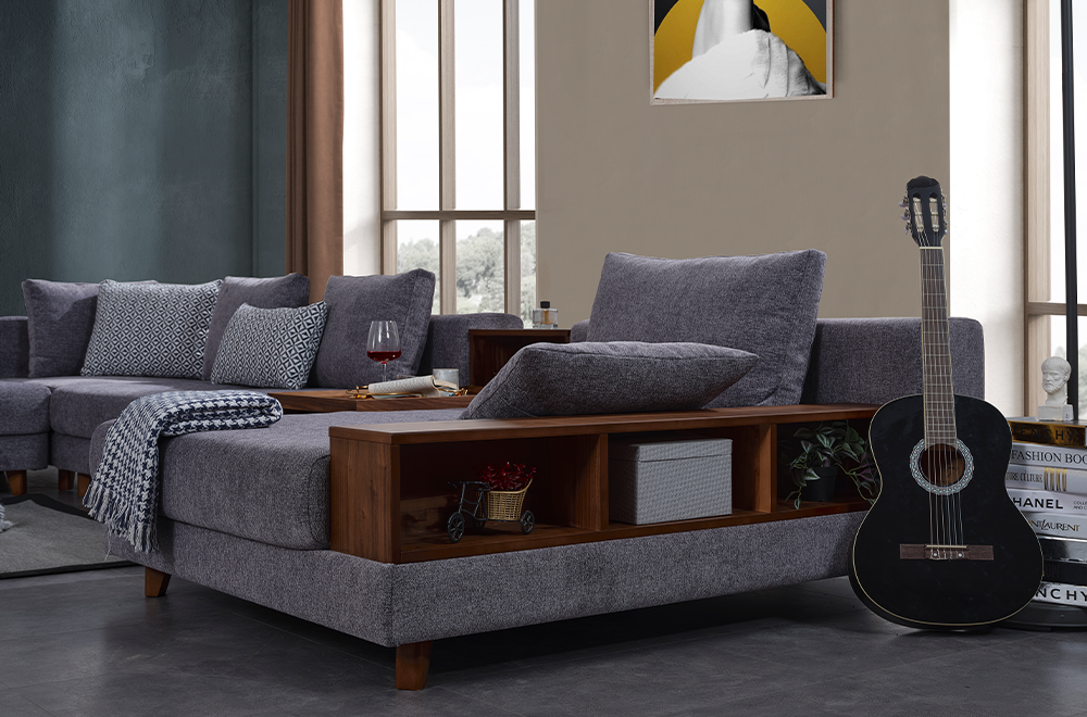 Sarya Gri Köşe Koltuk Takımı, Ahşap Sehpalı ve Raflı, Modern ve Fonksiyonel Tasarım