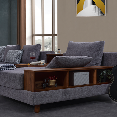 Sarya Gri Köşe Koltuk Takımı, Ahşap Sehpalı ve Raflı, Modern ve Fonksiyonel Tasarım