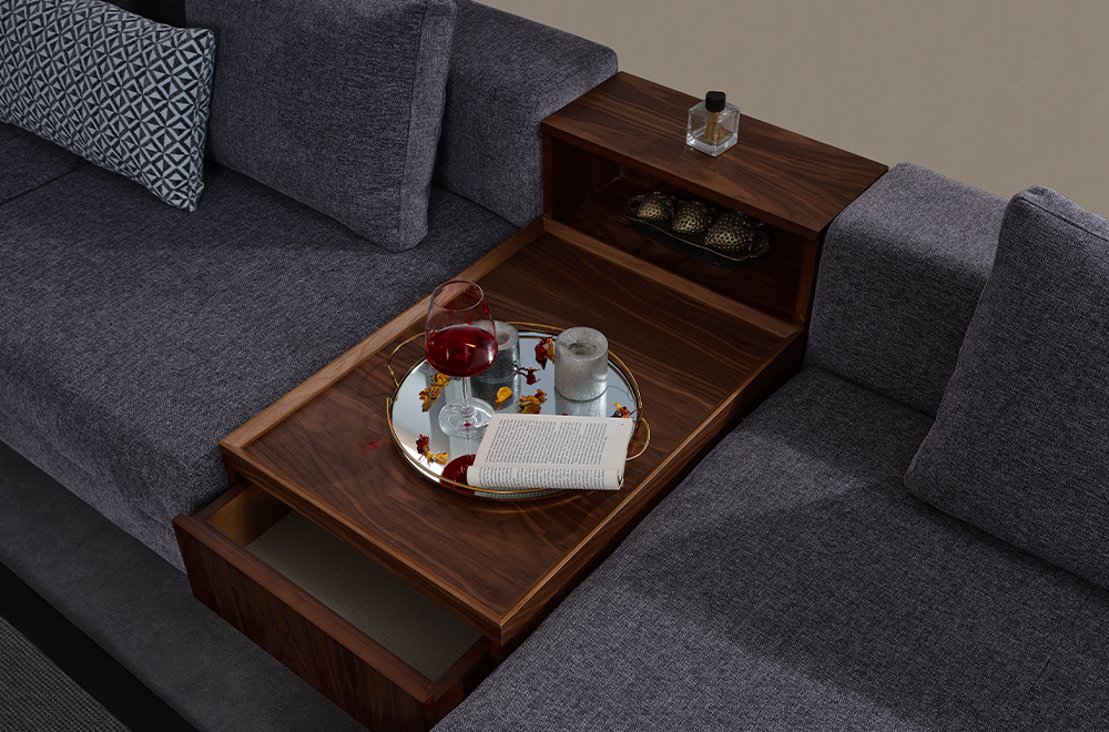 Sarya Gri Köşe Koltuk Takımı, Ahşap Sehpalı ve Raflı, Modern ve Fonksiyonel Tasarım