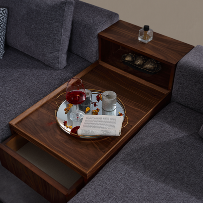 Sarya Gri Köşe Koltuk Takımı, Ahşap Sehpalı ve Raflı, Modern ve Fonksiyonel Tasarım