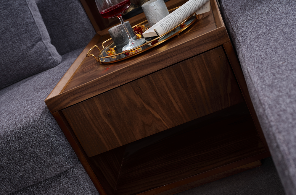 Sarya Gri Köşe Koltuk Takımı, Ahşap Sehpalı ve Raflı, Modern ve Fonksiyonel Tasarım