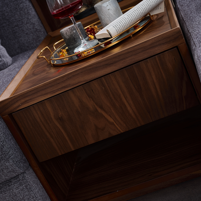 Sarya Gri Köşe Koltuk Takımı, Ahşap Sehpalı ve Raflı, Modern ve Fonksiyonel Tasarım