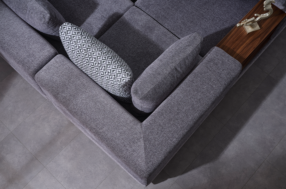 Sarya Gri Köşe Koltuk Takımı, Ahşap Sehpalı ve Raflı, Modern ve Fonksiyonel Tasarım