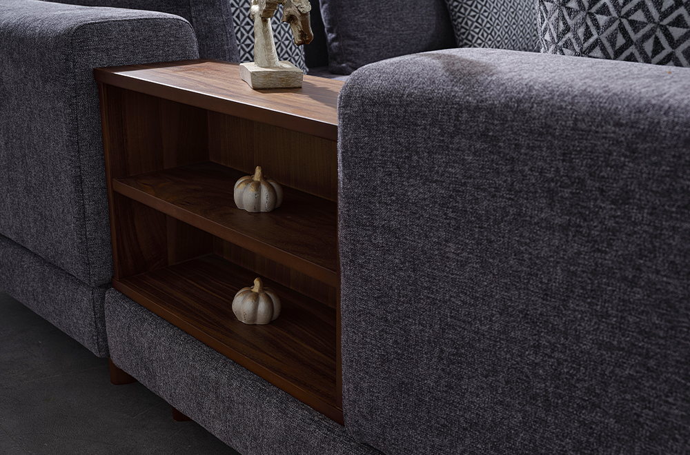 Sarya Gri Köşe Koltuk Takımı, Ahşap Sehpalı ve Raflı, Modern ve Fonksiyonel Tasarım