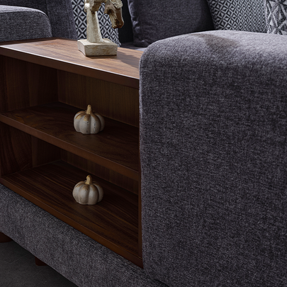 Sarya Gri Köşe Koltuk Takımı, Ahşap Sehpalı ve Raflı, Modern ve Fonksiyonel Tasarım