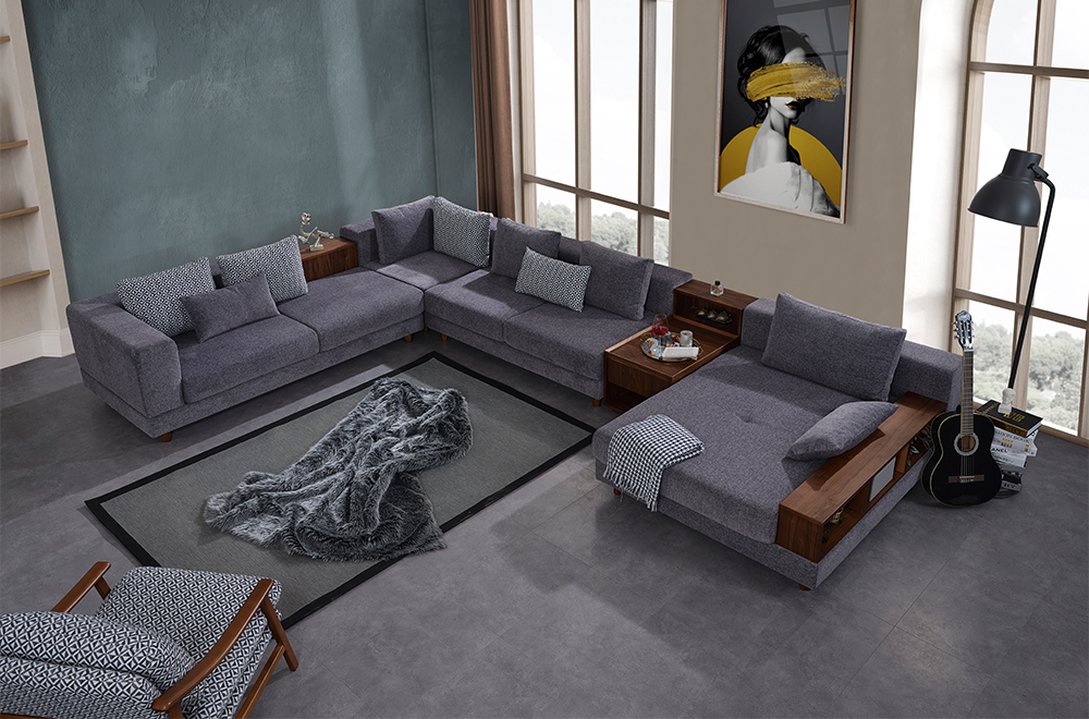 Sarya Gri Köşe Koltuk Takımı, Ahşap Sehpalı ve Raflı, Modern ve Fonksiyonel Tasarım