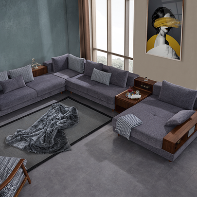 Sarya Gri Köşe Koltuk Takımı, Ahşap Sehpalı ve Raflı, Modern ve Fonksiyonel Tasarım