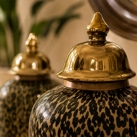 Gold kapak detaylı leopar desenli dekoratif yer vazosu