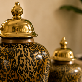 Gold kapak detaylı leopar desenli dekoratif yer vazosu