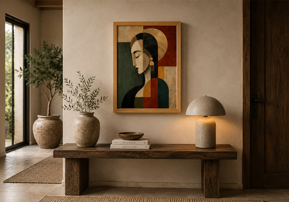 Modern salonda ahşap çerçeveli modern kadın portre tablosu