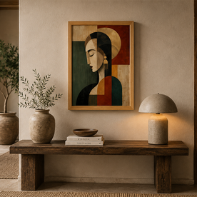 Modern salonda ahşap çerçeveli modern kadın portre tablosu