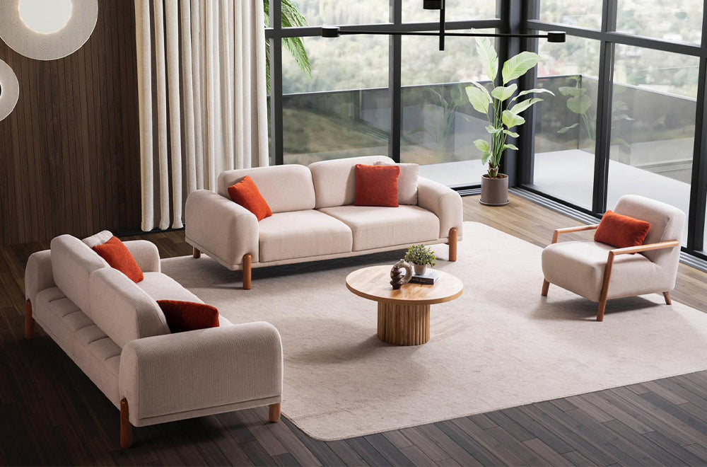 Homevse Soft bohem koltuk takımı, doğal ahşap ayaklı, tedy bej kumaş ve kiremit rengi kırlent detaylı salon koltuk takımı.