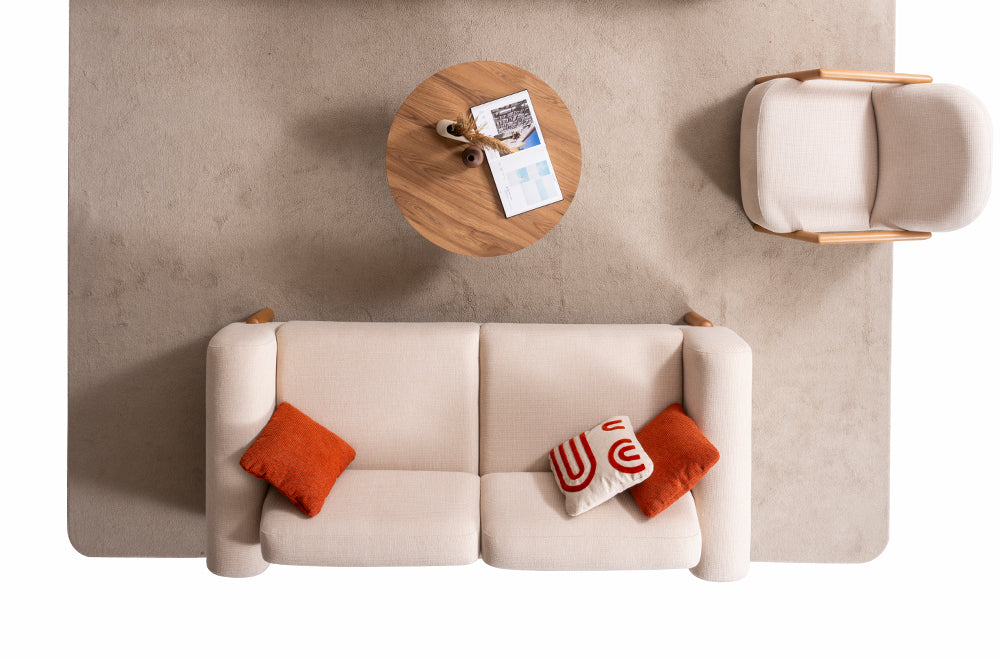 Homevse Soft bohem koltuk takımı, doğal ahşap ayaklı, tedy bej kumaş ve kiremit rengi kırlent detaylı salon koltuk takımı.