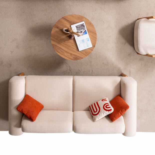 Homevse Soft bohem koltuk takımı, doğal ahşap ayaklı, tedy bej kumaş ve kiremit rengi kırlent detaylı salon koltuk takımı.