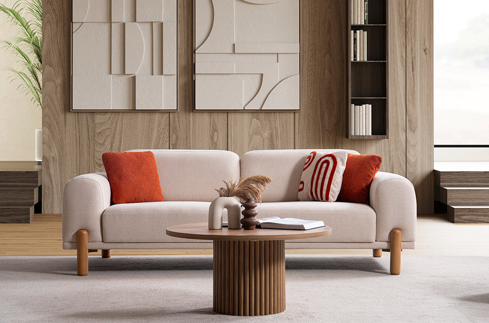 Homevse Soft bohem koltuk takımı, doğal ahşap ayaklı, tedy bej kumaş ve kiremit rengi kırlent detaylı salon koltuk takımı.