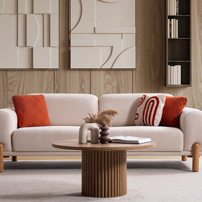 Homevse Soft bohem koltuk takımı, doğal ahşap ayaklı, tedy bej kumaş ve kiremit rengi kırlent detaylı salon koltuk takımı.