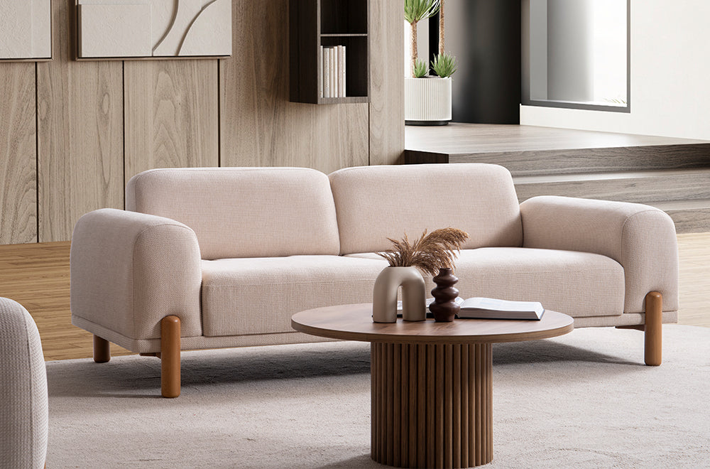 Homevse Soft bohem koltuk takımı, doğal ahşap ayaklı, tedy bej kumaş  üçlü koltuk takımı