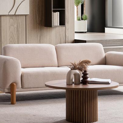 Homevse Soft bohem koltuk takımı, doğal ahşap ayaklı, tedy bej kumaş  üçlü koltuk takımı