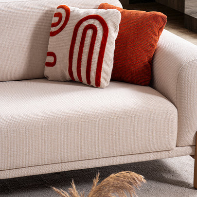 Homevse Soft bohem koltuk takımı, doğal ahşap ayaklı, tedy bej kumaş ve kiremit rengi kırlent detaylı salon koltuk takımı.