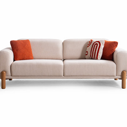 Homevse Soft bohem koltuk takımı, doğal ahşap ayaklı, tedy bej kumaş ve kiremit rengi kırlent detaylı salon koltuk takımı.