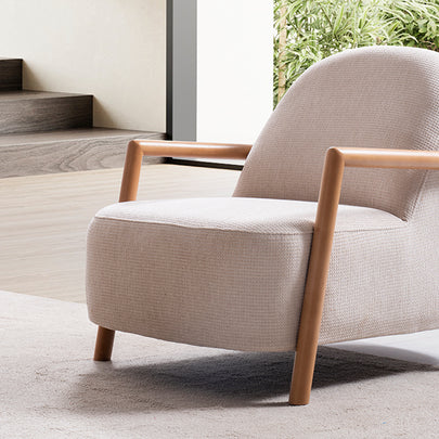 Homevse Soft Bohem berjer, yuvarlak sırtlı, doğal ahşap kollu ve ayaklı, bej keten görünümlü tekli koltuk.