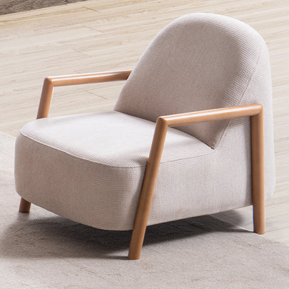 Homevse Soft Bohem berjer, yuvarlak sırtlı, doğal ahşap kollu ve ayaklı, bej keten görünümlü tekli koltuk.