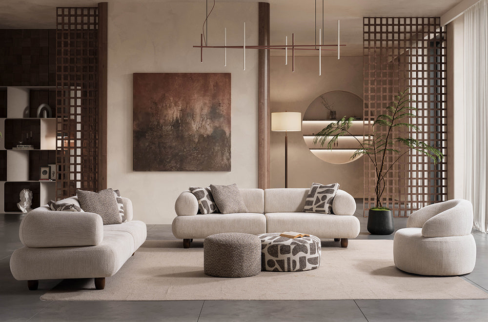Soho Natural Krem Tedy Kumaşlı Koltuk Takımı, Minimalist Modern Tasarım, Yuvarlak Hatlı Puf Detayı