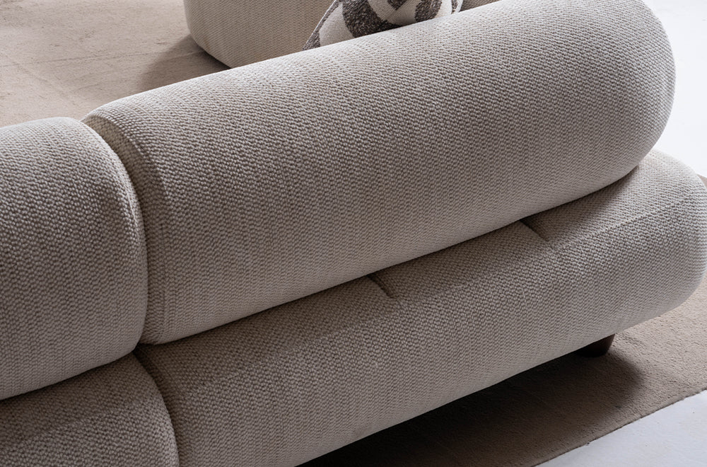 Soho Natural Krem Tedy Kumaşlı Koltuk Takımı, Sırt Mekanizması İle Yatak Olabilen Minimalist Modern Tasarım, Yuvarlak Hatlı Puf Detayı
