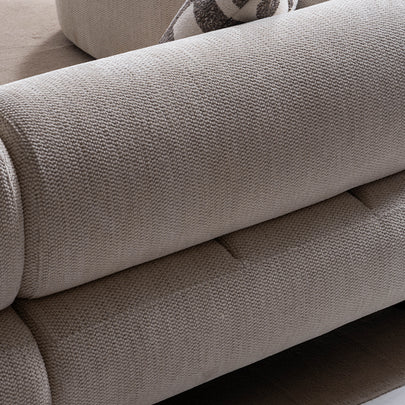 Soho Natural Krem Tedy Kumaşlı Koltuk Takımı, Sırt Mekanizması İle Yatak Olabilen Minimalist Modern Tasarım, Yuvarlak Hatlı Puf Detayı
