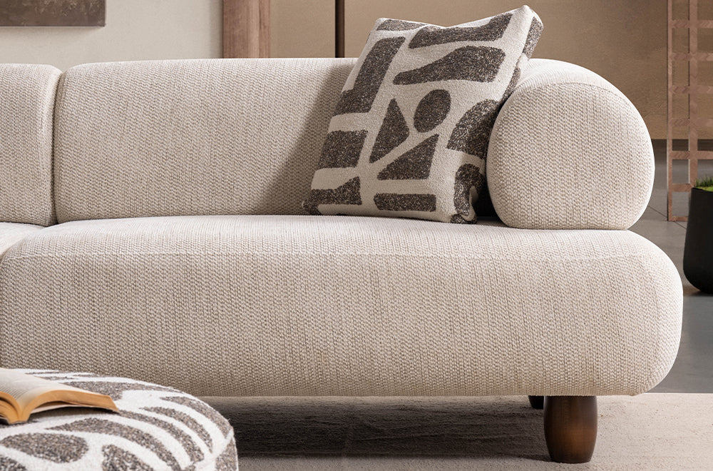 Soho Natural Krem Tedy Kumaşlı Koltuk Takımı, Sırt Mekanizması İle Yatak Olabilen Minimalist Modern Tasarım, Yuvarlak Hatlı Puf Detayı